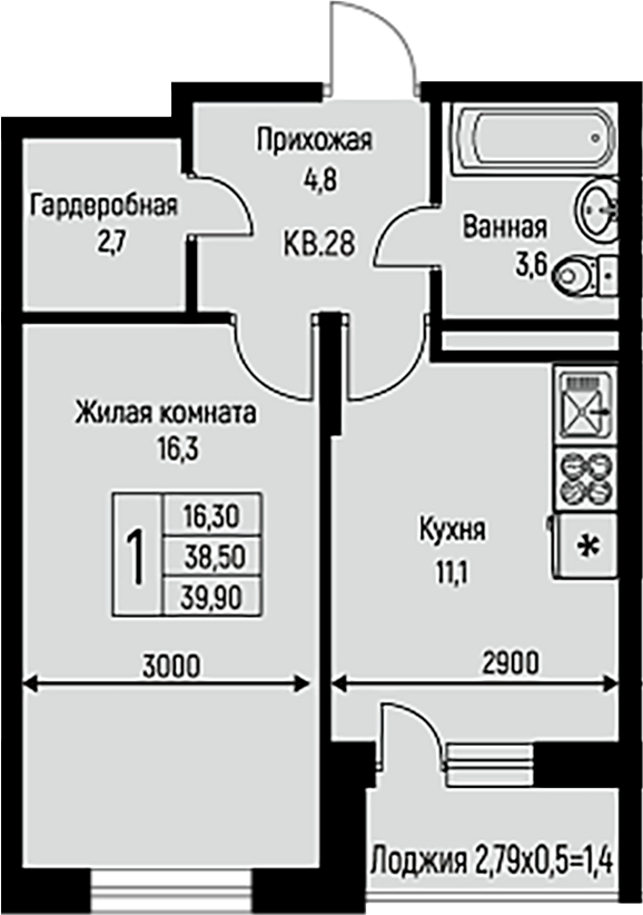 1-комн., 38.5 м², 3/3 этаж, ЖК «Nova Vita»