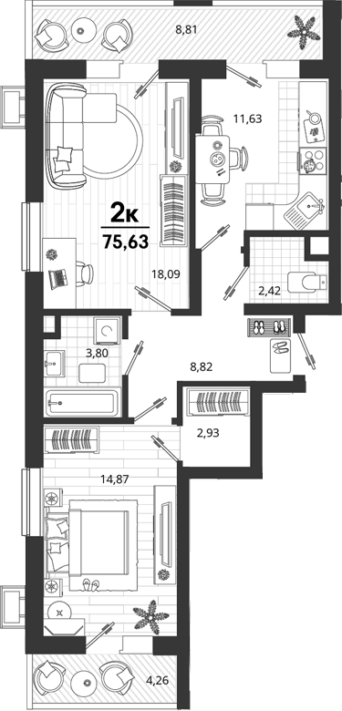 2-комн., 62.56 м², 2/18 этаж, ЖК «Родные Просторы»