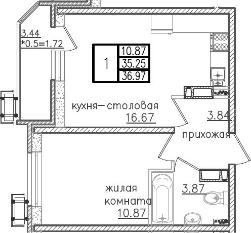 2-комн., 35.25 м², 17/23 этаж, ЖК «Урал»