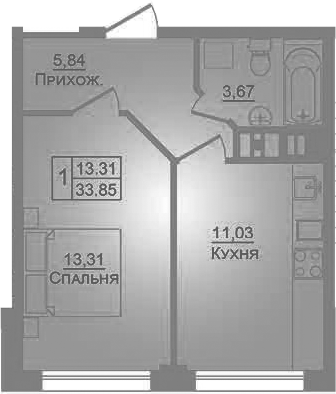 1-комн., 33.9 м², 3/9 этаж, ЖК «Портрет»
