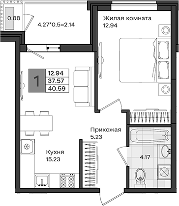 1-комн., 37.57 м², 5/8 этаж, ЖК «МОНО квартал»