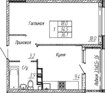 1-комн., 34.5 м², 8/9 этаж, ЖК «Архитектор. ГК ЮгСтройИнвест»