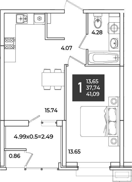 1-комн., 37.74 м², 2/18 этаж, ЖК «Образцово»