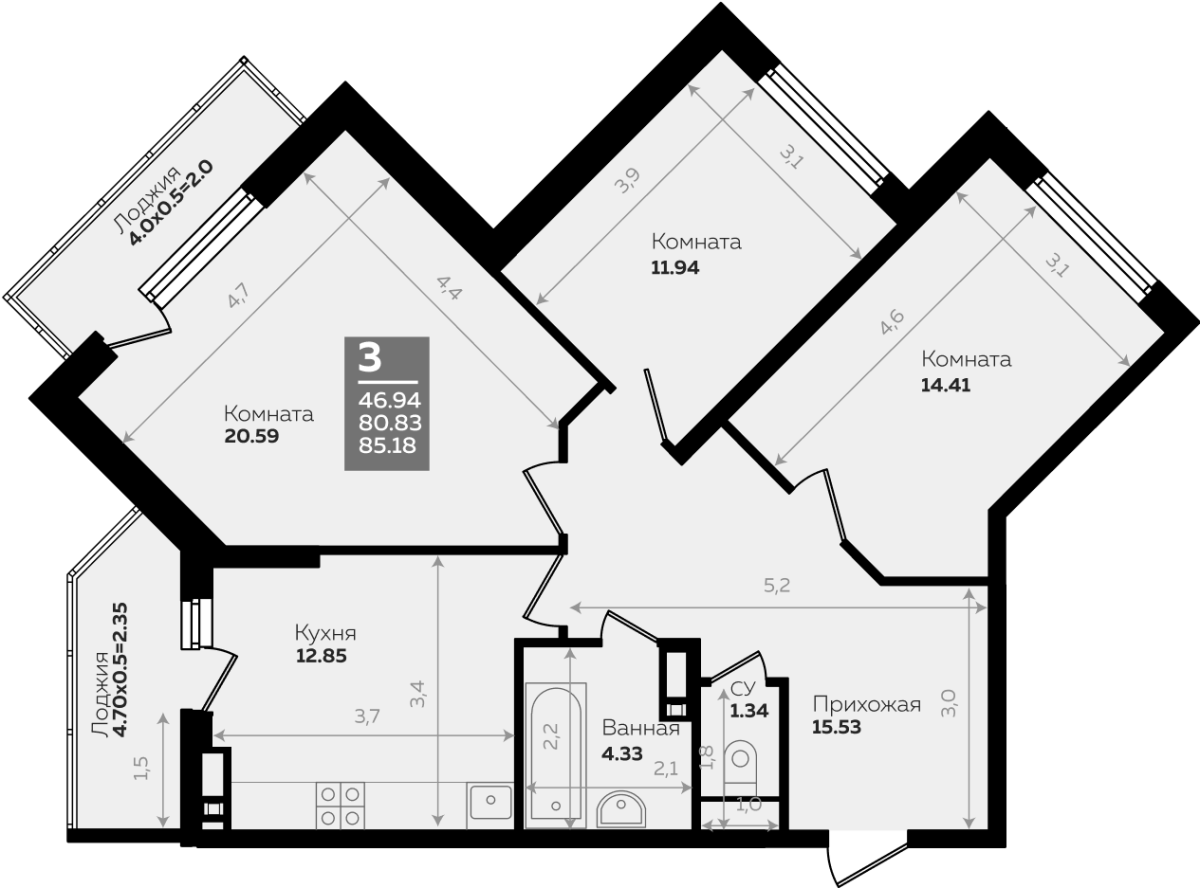 3-комн., 77.05 м², 23/24 этаж, ЖК «Левада»