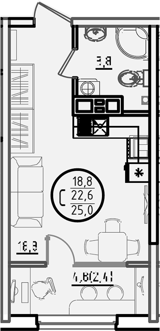 Студия, 22.6 м², 8/9 этаж, ЖК «Первое место»