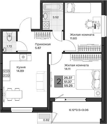 2-комн., 51.37 м², 2/8 этаж, ЖК «МОНО квартал»