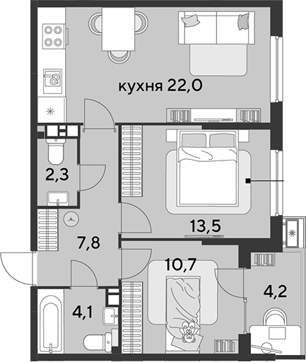 3-комн., 60.4 м², 5/9 этаж, ЖК «Парк Победы»