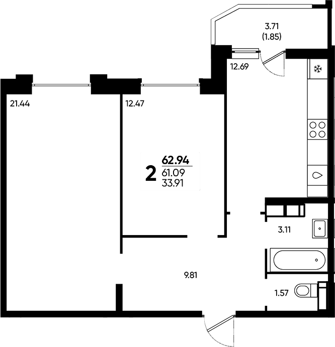 Продается 2-комн. квартира, 61.09 м²