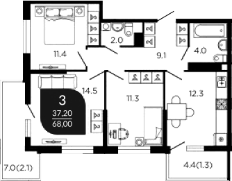 3-комн., 66.3 м², 3/22 этаж, ЖК «Отражение»