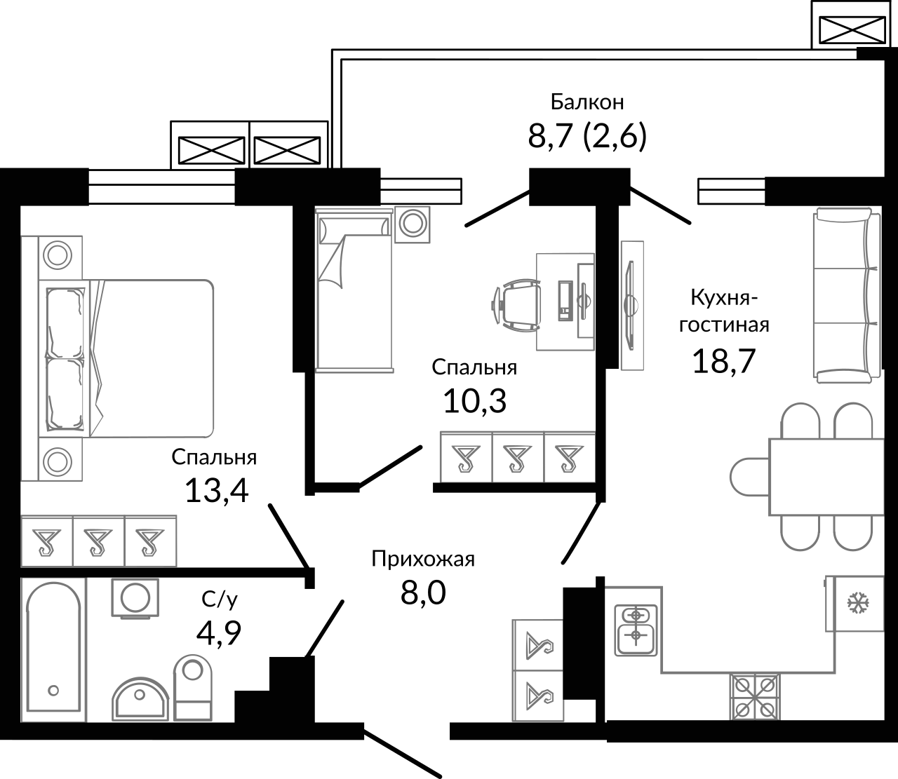 3-комн., 55.6 м², 9/23 этаж, ЖК «Отражение»
