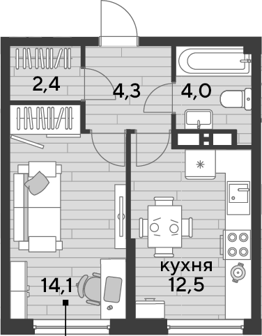 1-комн., 37.3 м², 10/19 этаж, ЖК «DОГМА ПАРК»