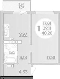 1-комн., 39.11 м², 8/8 этаж, ЖК «Первый»