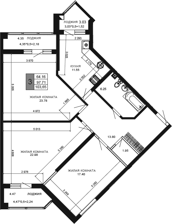 3-комн., 97.71 м², 1/12 этаж, ЖК «Сегодня»