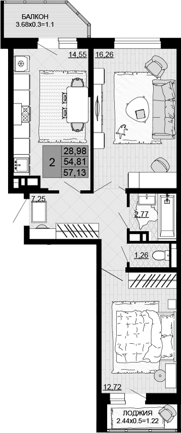 2-комн., 54.81 м², 10/12 этаж, ЖК «Дружба»