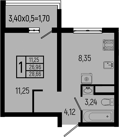 1-комн., 26.96 м², 8/9 этаж, ЖК «Ботаника Хиллс»