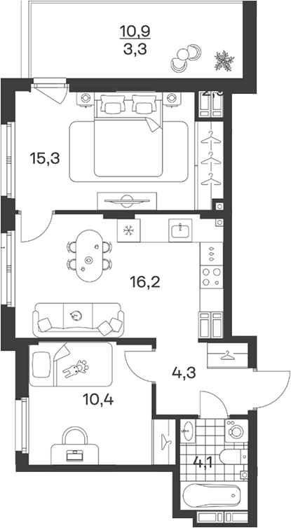 3-комн., 50.3 м², 9/9 этаж, ЖК «Символ. ГК Трест»