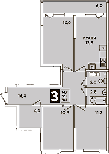 3-комн., 72.1 м², 9/16 этаж, ЖК «Самолет»