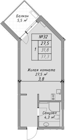 Студия, 31.8 м², 2/4 этаж, ЖК «Оазис Азова»