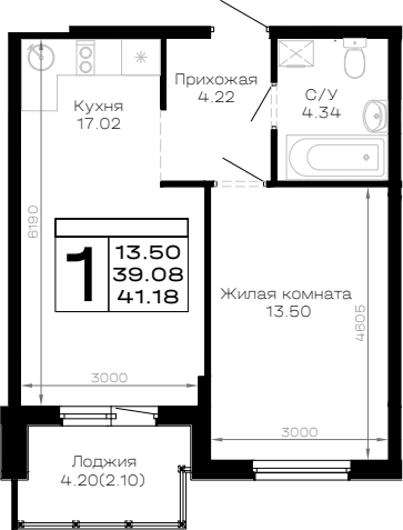 1-комн., 39.08 м², 4/4 этаж, ЖК «Усадьба Гостагаевская»