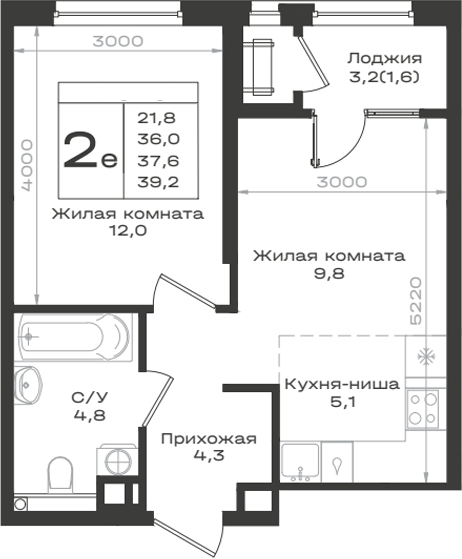 2-комн., 36 м², 3/9 этаж, ЖК «Нагория»