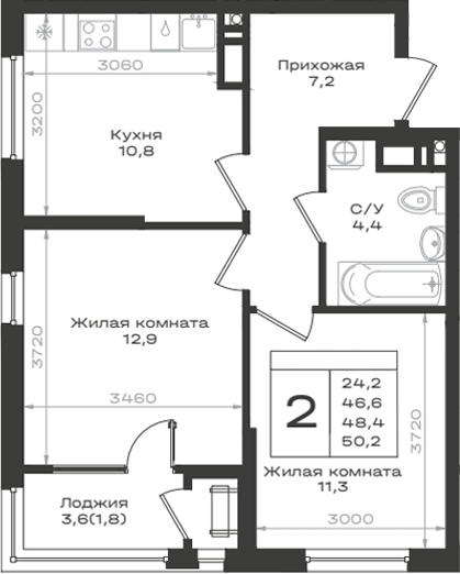 2-комн., 46.6 м², 11/12 этаж, ЖК «Нагория»