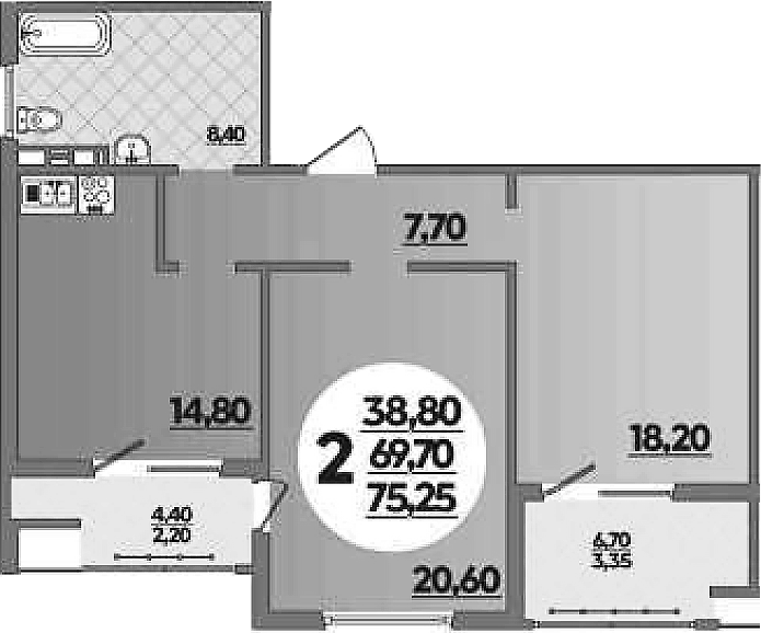 2-комн., 69.7 м², 7/16 этаж, ЖК «Горгиппия»