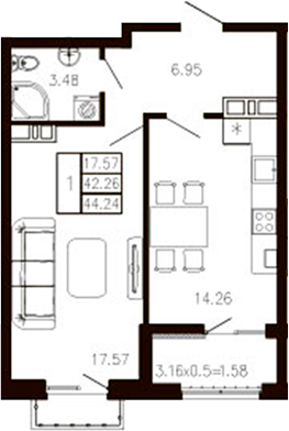 1-комн., 42.62 м², 5/9 этаж, ЖК «Суворов»