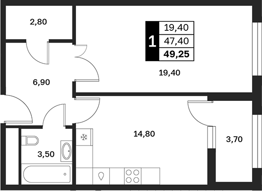 1-комн., 47.4 м², 8/9 этаж, ЖК «Аксис Патриот»