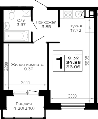 1-комн., 34.86 м², 2/4 этаж, ЖК «Усадьба Гостагаевская»
