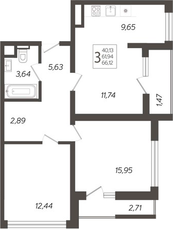 3-комн., 61.94 м², 5/19 этаж, ЖК «Кислород»