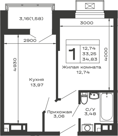 1-комн., 33.25 м², 10/16 этаж, ЖК «Долина»