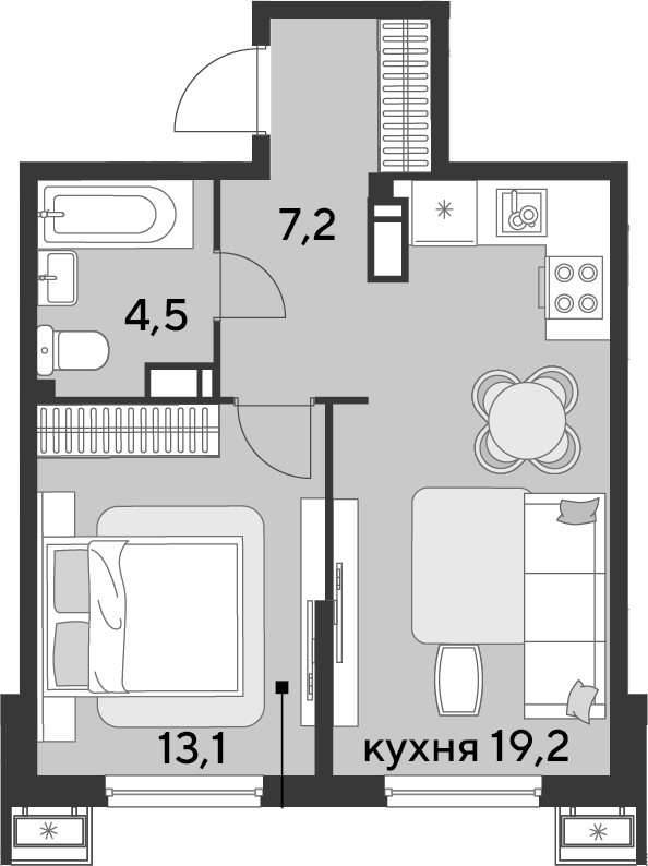 2-комн., 44 м², 12/18 этаж, ЖК «Парк Победы»