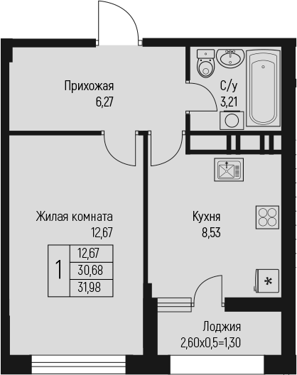 1-комн., 30.68 м², 6/10 этаж, ЖК «Ритм»