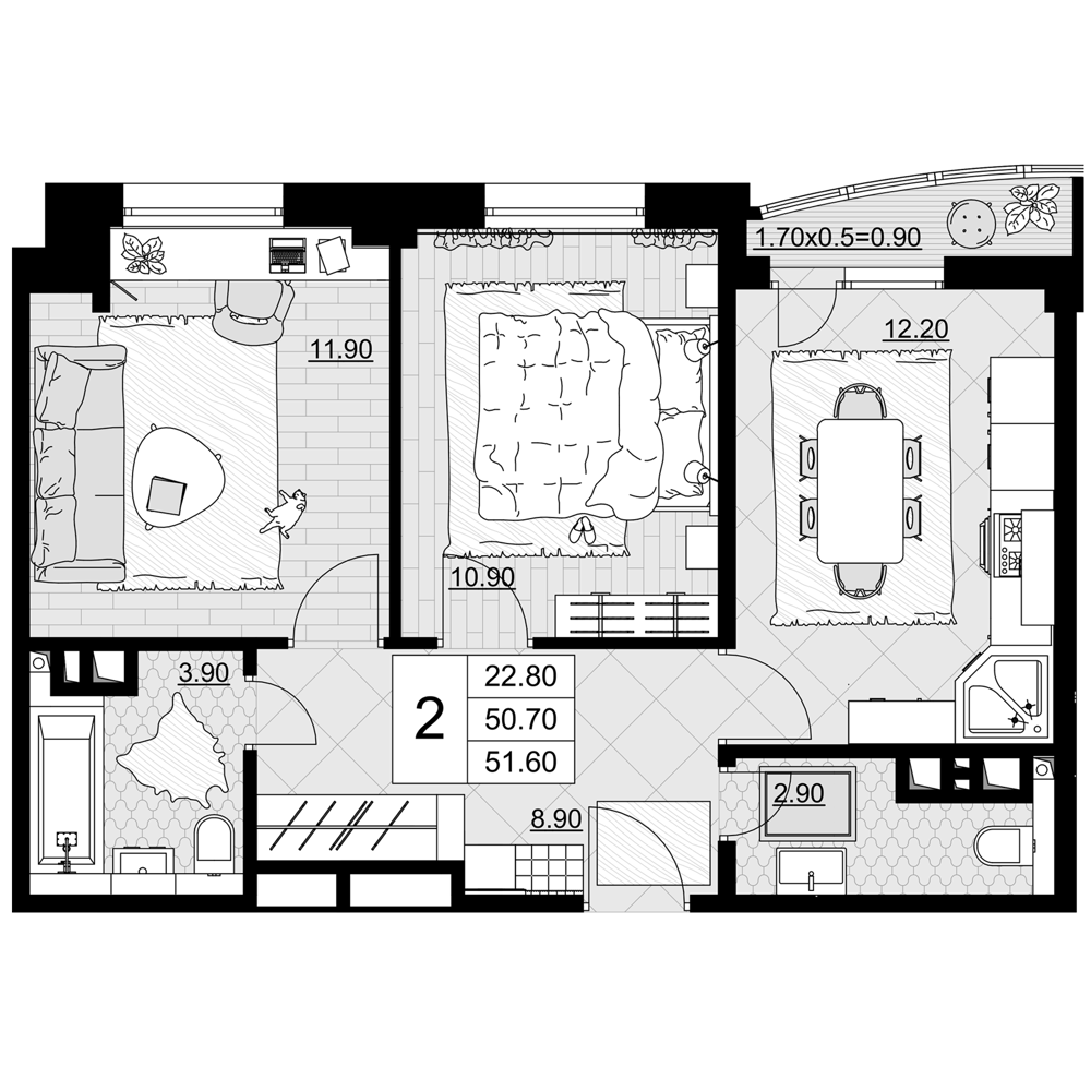 2-комн., 50.7 м², 7/9 этаж, ЖК «Песчаный»