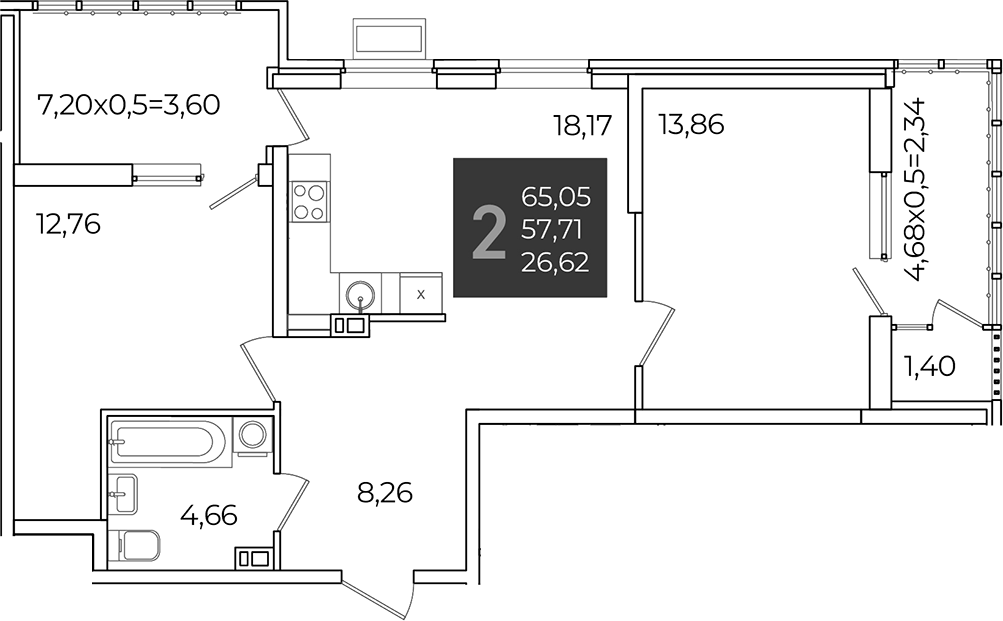 2-комн., 57.71 м², 4/21 этаж, ЖК «Образцово»