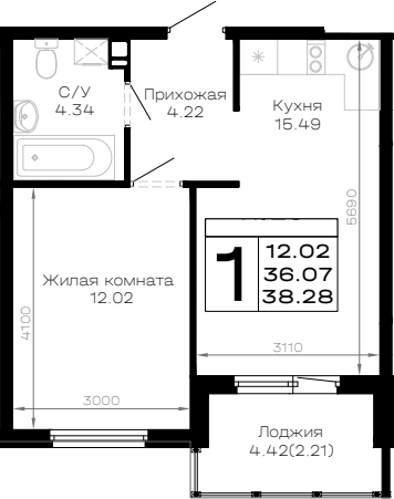 1-комн., 36.07 м², 3/4 этаж, ЖК «Усадьба Гостагаевская»