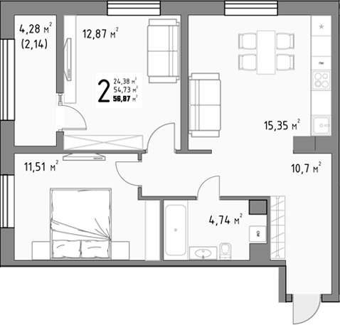 2-комн., 54.73 м², 4/9 этаж, ЖК «Коллекция»