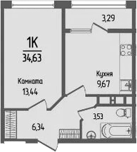 1-комн., 32.98 м², 3/16 этаж, ЖК «Прима»