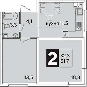 2-комн., 51.7 м², 4/16 этаж, ЖК «Самолет»