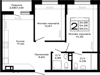 2-комн., 54.55 м², 12/16 этаж, ЖК «Горные высоты»