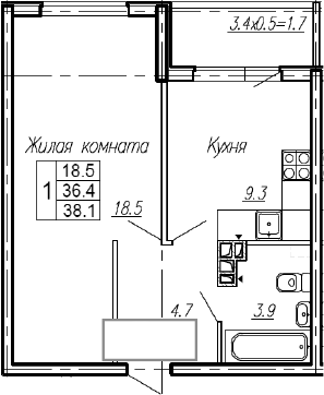 1-комн., 36.4 м², 1/4 этаж, ЖК «Эво»