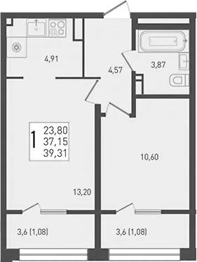 2-комн., 37.15 м², 2/9 этаж, ЖК «Югге»