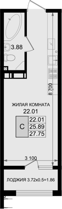 Студия, 25.89 м², 7/8 этаж, ЖК «Резиденция морей»