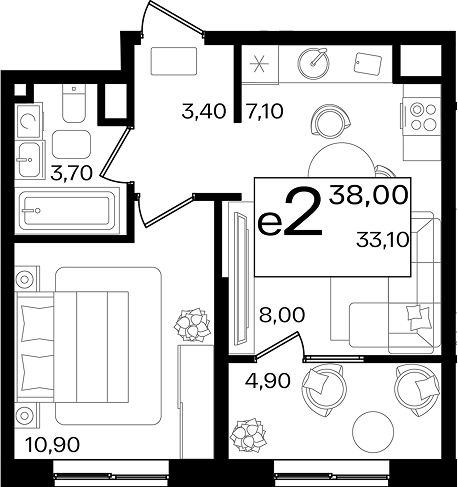 2-комн., 33.1 м², 4/9 этаж, ЖК «Патрики»