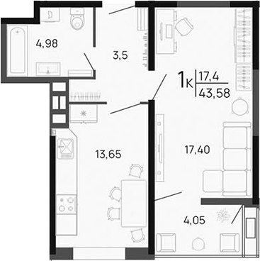 Продается 1-комн. квартира, 38.45 м²