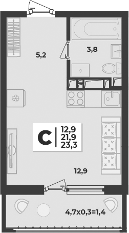 Студия, 21.9 м², 3/9 этаж, ЖК «Лето»