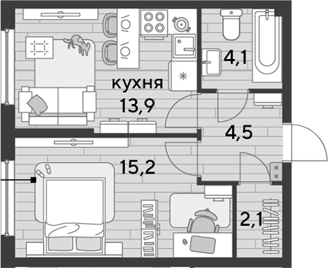 1-комн., 39.8 м², 2/16 этаж, ЖК «DОГМА ПАРК»