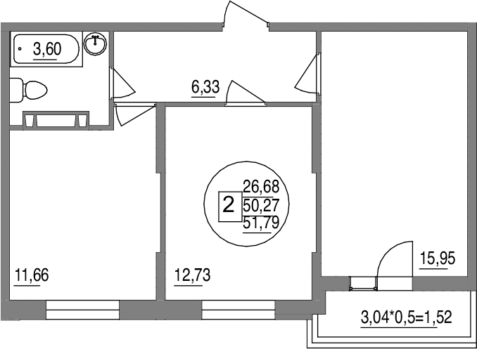 2-комн., 50.27 м², 6/12 этаж, ЖК «Друг»