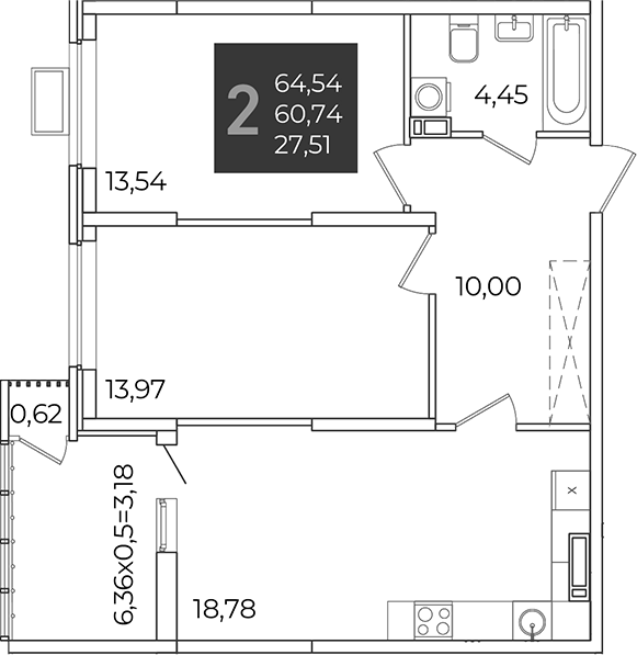 2-комн., 60.74 м², 13/21 этаж, ЖК «Образцово»