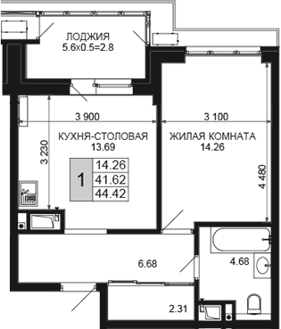 Продается 1-комн. квартира, 41.62 м²